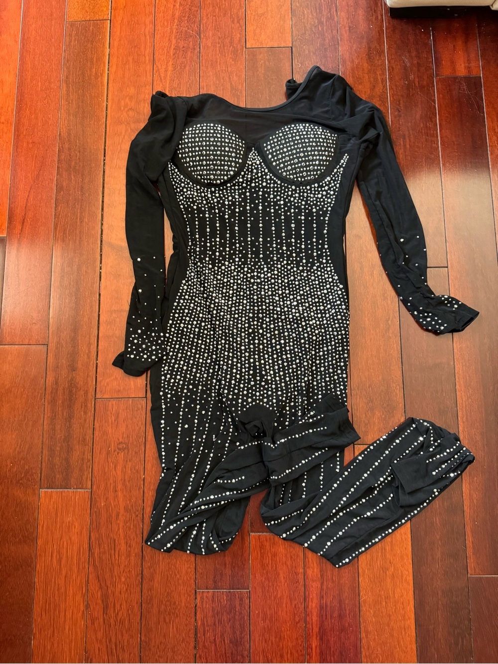 Black Rhinestone Embellished Long Sleeve Jumpsuit